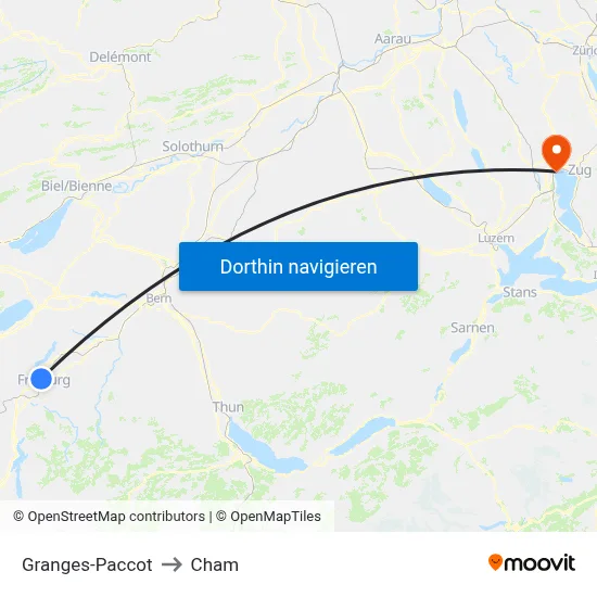 Granges-Paccot to Cham map
