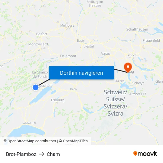 Brot-Plamboz to Cham map