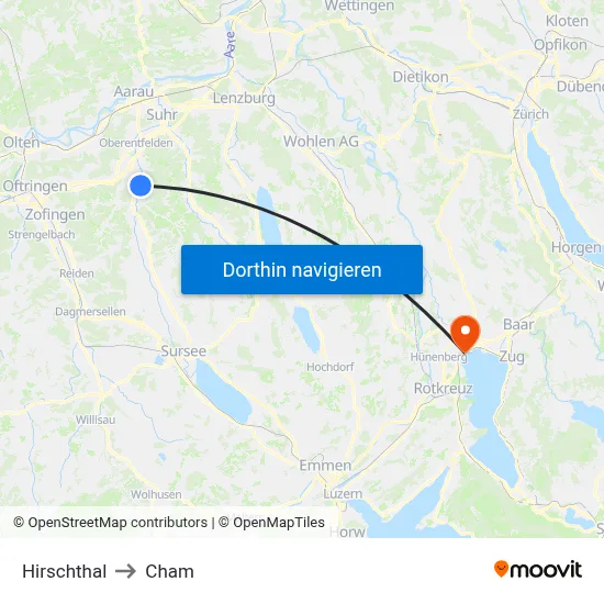 Hirschthal to Cham map