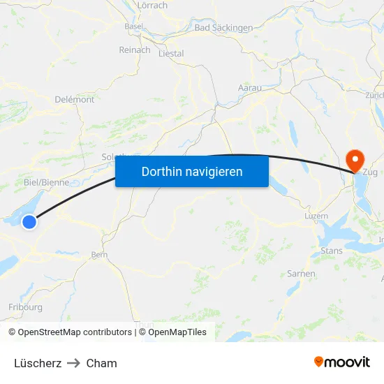 Lüscherz to Cham map