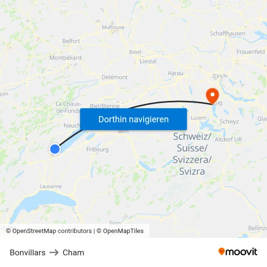 Bonvillars to Cham map