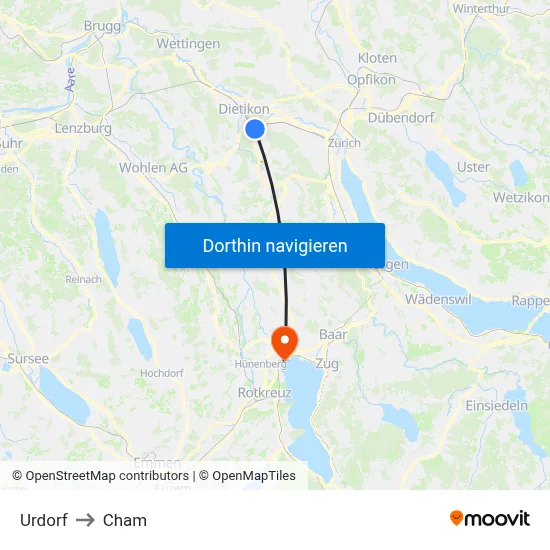 Urdorf to Cham map