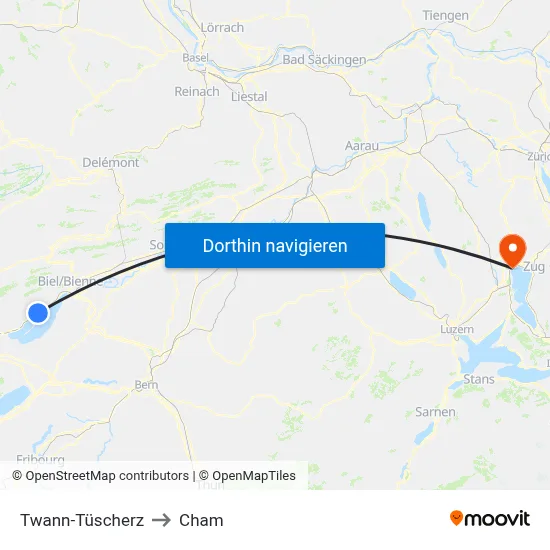 Twann-Tüscherz to Cham map