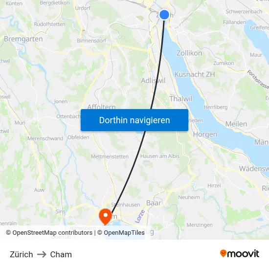 Zürich to Cham map