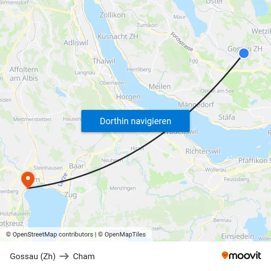 Gossau (Zh) to Cham map