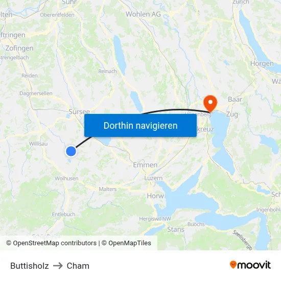 Buttisholz to Cham map