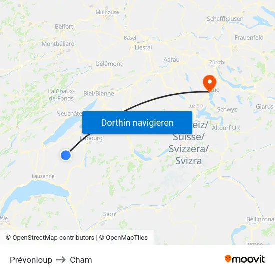 Prévonloup to Cham map