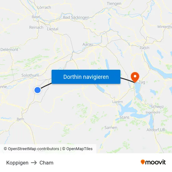 Koppigen to Cham map