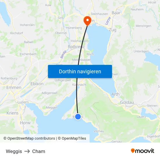 Weggis to Cham map