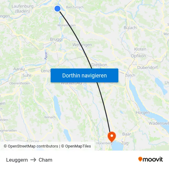 Leuggern to Cham map