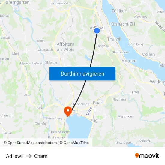 Adliswil to Cham map