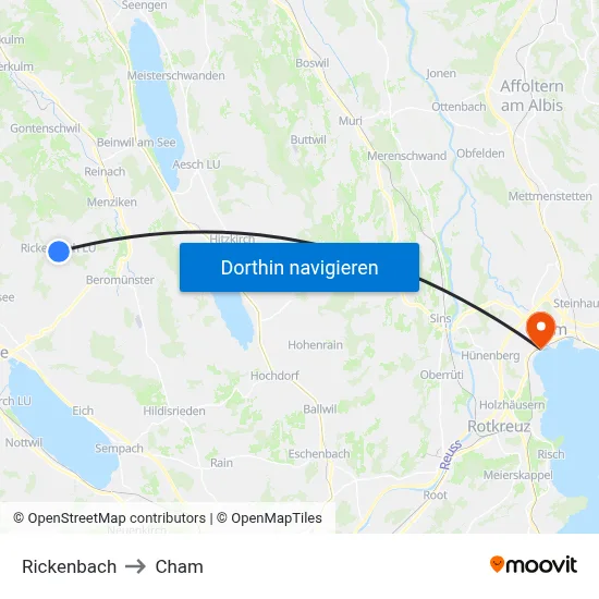 Rickenbach to Cham map