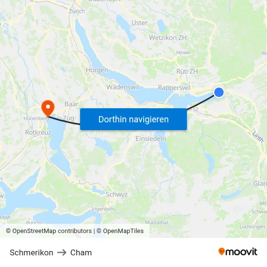 Schmerikon to Cham map