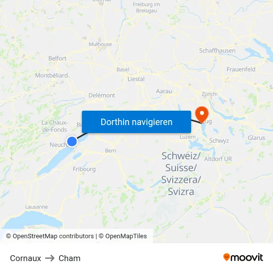 Cornaux to Cham map