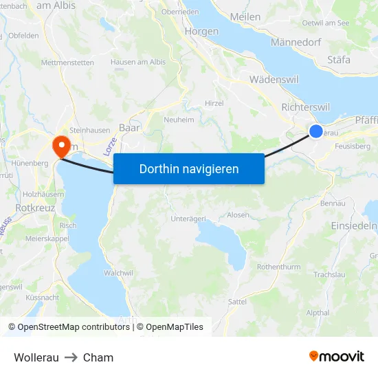 Wollerau to Cham map