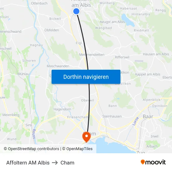 Affoltern AM Albis to Cham map