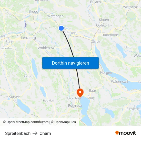 Spreitenbach to Cham map