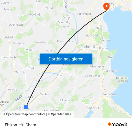 Ebikon to Cham map
