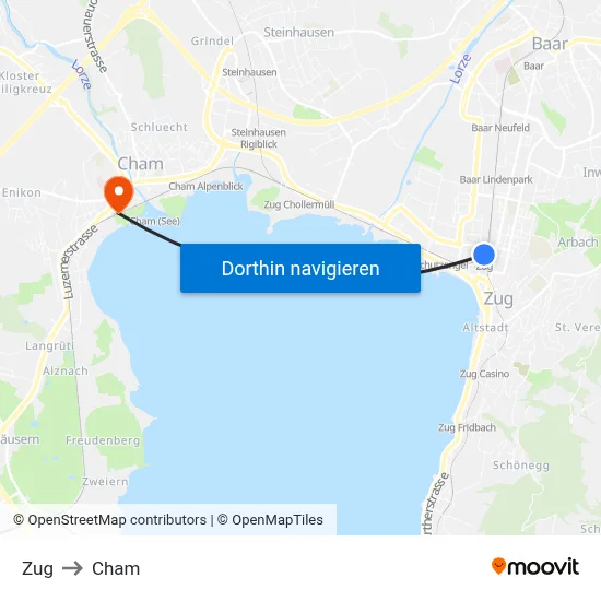 Zug to Cham map