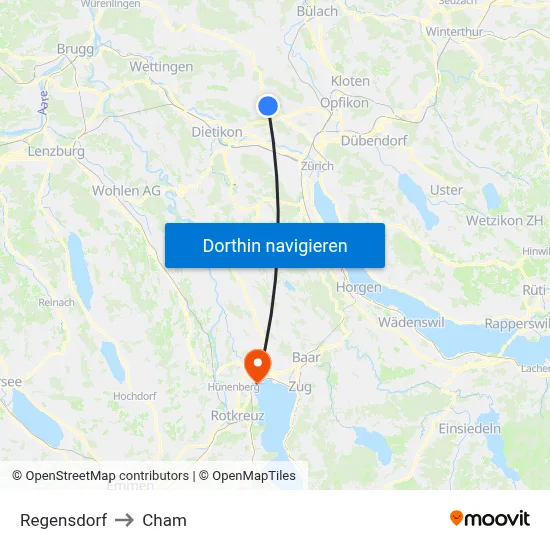 Regensdorf to Cham map