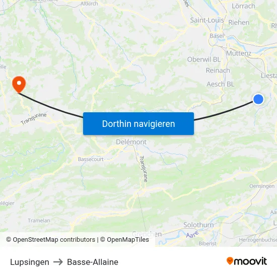 Lupsingen to Basse-Allaine map