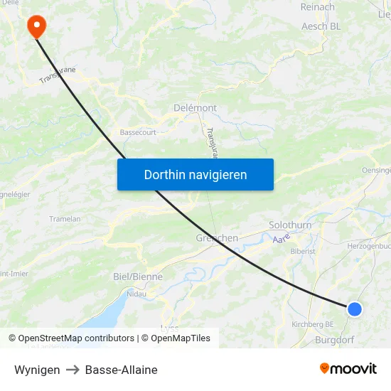 Wynigen to Basse-Allaine map