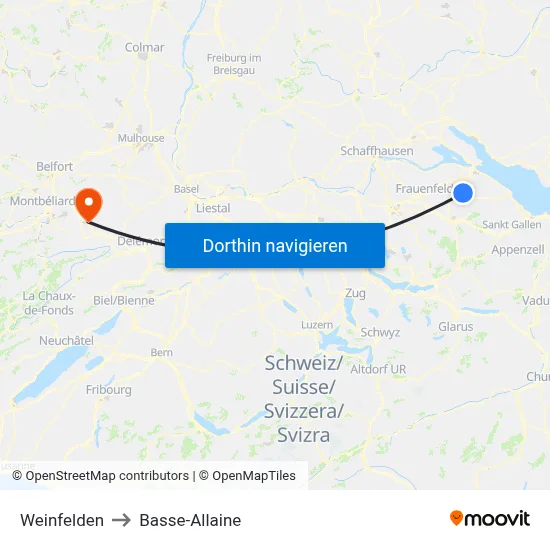 Weinfelden to Basse-Allaine map