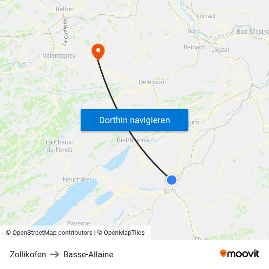 Zollikofen to Basse-Allaine map