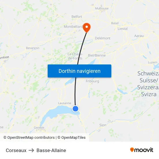 Corseaux to Basse-Allaine map