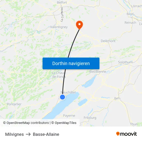 Milvignes to Basse-Allaine map