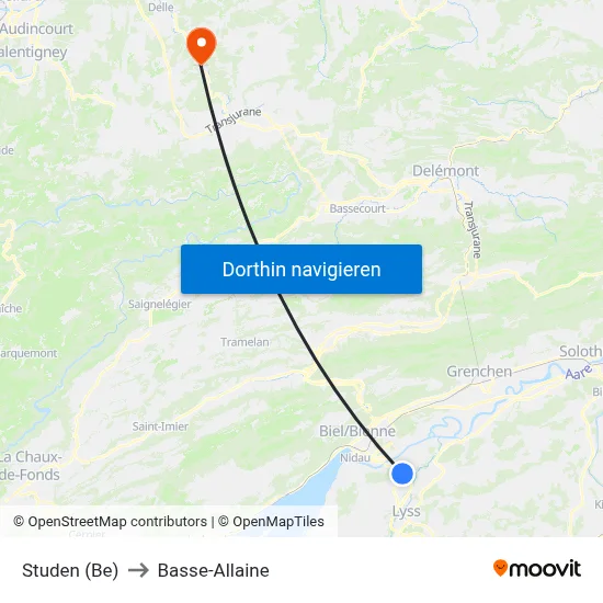 Studen (Be) to Basse-Allaine map