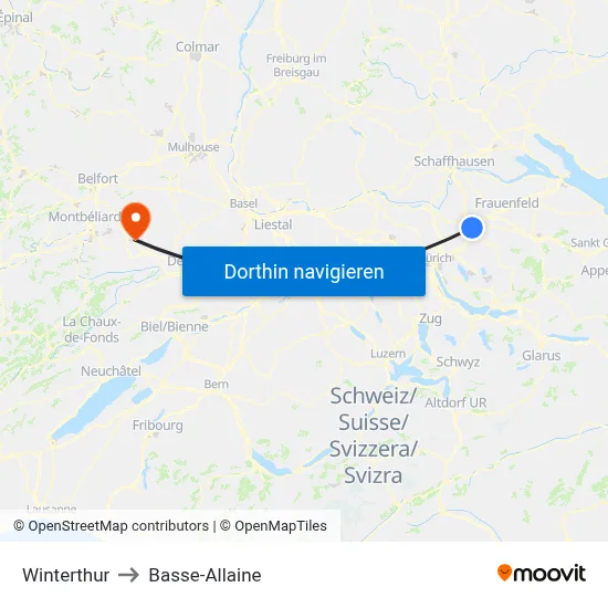 Winterthur to Basse-Allaine map