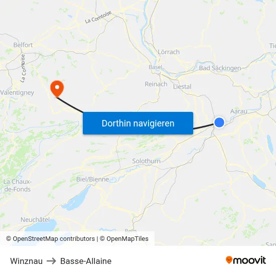 Winznau to Basse-Allaine map