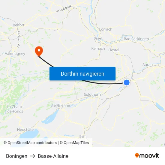 Boningen to Basse-Allaine map