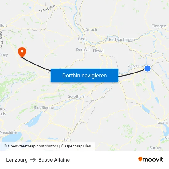 Lenzburg to Basse-Allaine map
