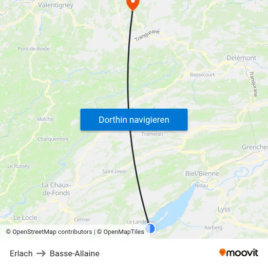 Erlach to Basse-Allaine map