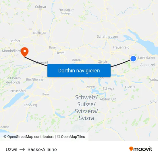 Uzwil to Basse-Allaine map