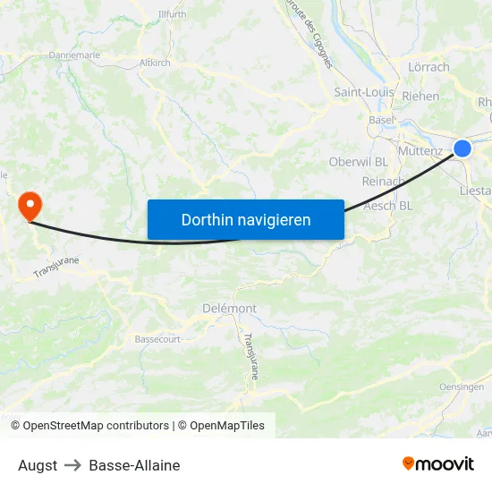 Augst to Basse-Allaine map