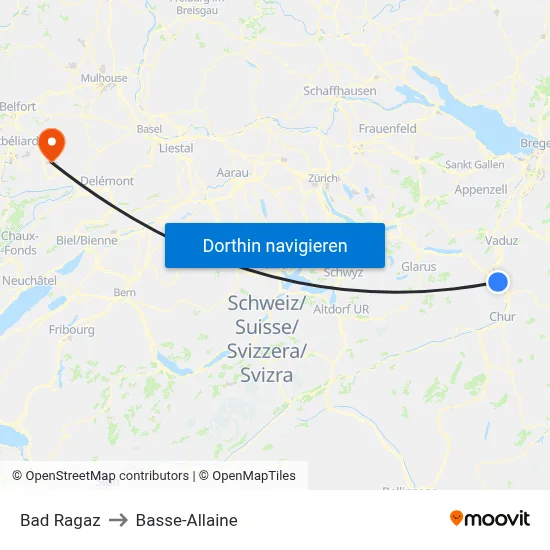 Bad Ragaz to Basse-Allaine map