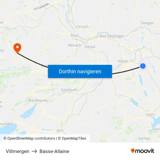Villmergen to Basse-Allaine map