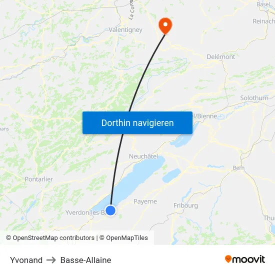 Yvonand to Basse-Allaine map