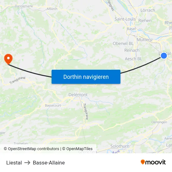 Liestal to Basse-Allaine map