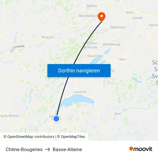 Chêne-Bougeries to Basse-Allaine map