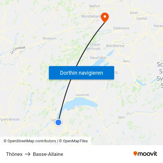 Thônex to Basse-Allaine map