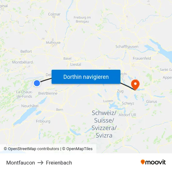 Montfaucon to Freienbach map