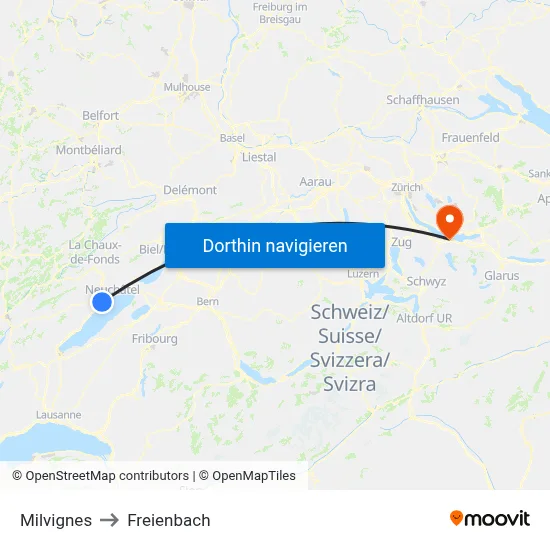 Milvignes to Freienbach map