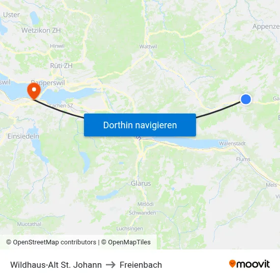 Wildhaus-Alt St. Johann to Freienbach map