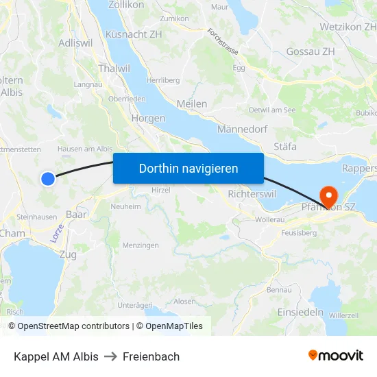 Kappel AM Albis to Freienbach map