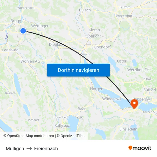 Mülligen to Freienbach map