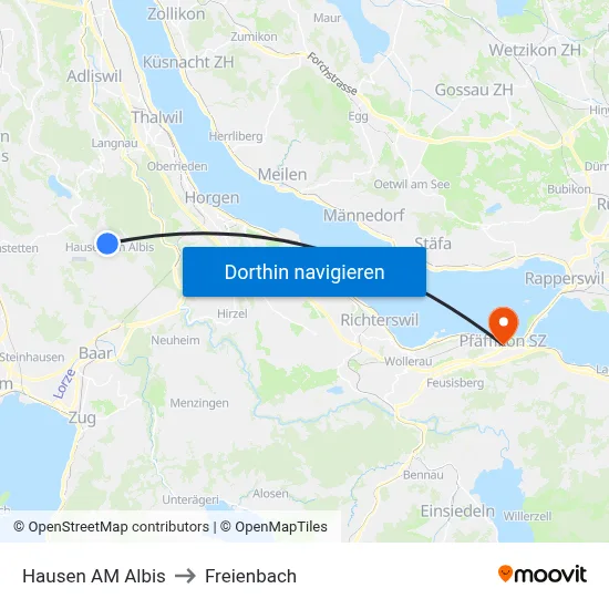 Hausen AM Albis to Freienbach map